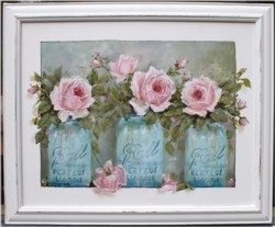 Mixed Media/Original Painting - Mason Jars & Pink Roses - Postage is included Australia wide