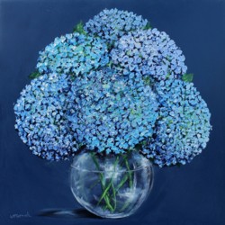 Original Painting on Panel - Blue Hydrangeas on Dark Blue -sold