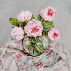 Original Painting on Panel - Peonies on floral fabrics - Postage included Australia wide