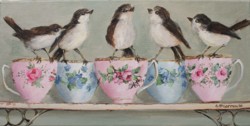 Original Painting on Canvas - Birds & Teacups all in a Row - cm series
