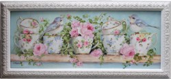 Original Painting - Birds and Tea Cups in an ornate frame - Postage is included in the price Australia wide