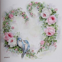 Original Painting on Canvas - Birds & Roses Heart Wreath - Postage is included Australia Wide
