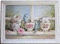 Original Painting - Birds & Teacups on the Window Sill - Postage is included Australia Wide