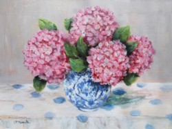 Original Painting on Canvas - Pink Hydrangeas on blue and white