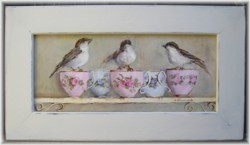 Original Painting- Trio of Birds and Tea Cups-FREE POSTAGE AUSTRALIA WIDE