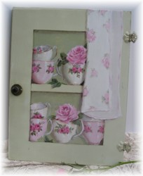 Original Painting on Old Cupboard door - Tea Cups and Roses- Postage is included Australia wide