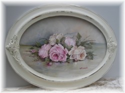 Original Painting- Oval Framed Assorted laying Roses-Postage is included Australia wide