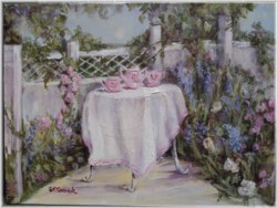 Original Painting - Garden Tea Time - Free Postage Australia wide