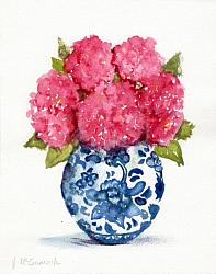Water colour Original "Pink Hydrangeas in Blue & White"