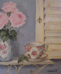 Original Painting on Canvas - Tea cup and roses  - Postage is included Australia Wide