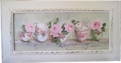 Original Painting - Larger size - Assorted Tea Cups on a Scrolly Shelf - Postage is included Australia wide