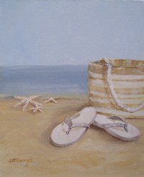 Original Beach Themed Painting - Beach Bag and Thongs - Free Postage Australia wide