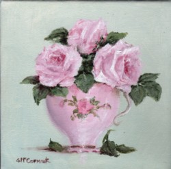 Original Whimsical Painting - Pink  Roses in a China Tea Cup