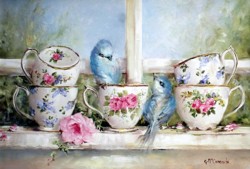 Tea Cups & Birds on the Window Sill -  Available as Prints and Gift Cards